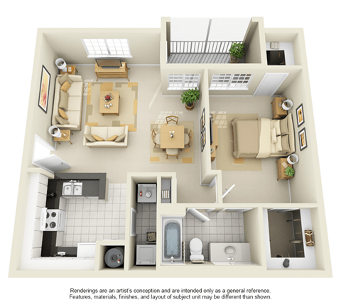 Floor plan for 1 bed, 1 bath, 795 sqft